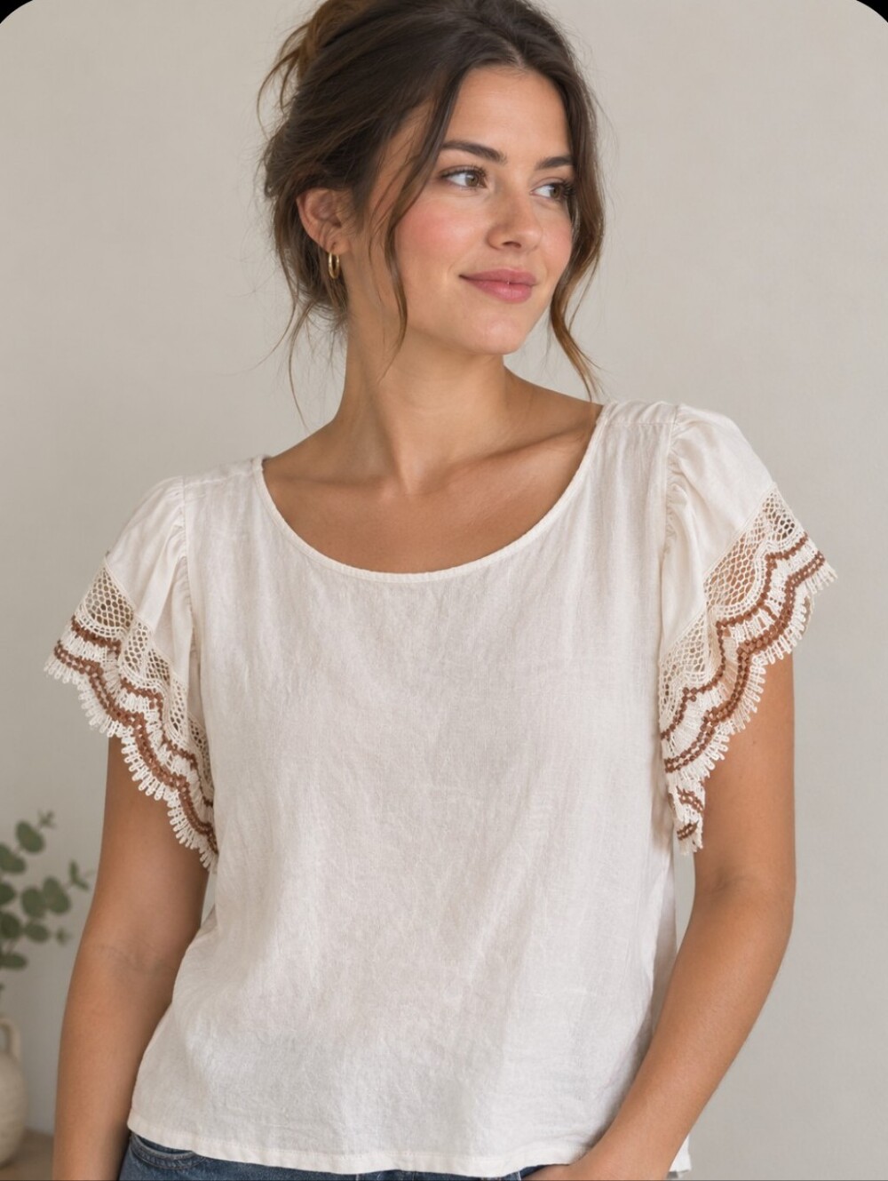 Cream Short Sleeve Top with Crochet Trim